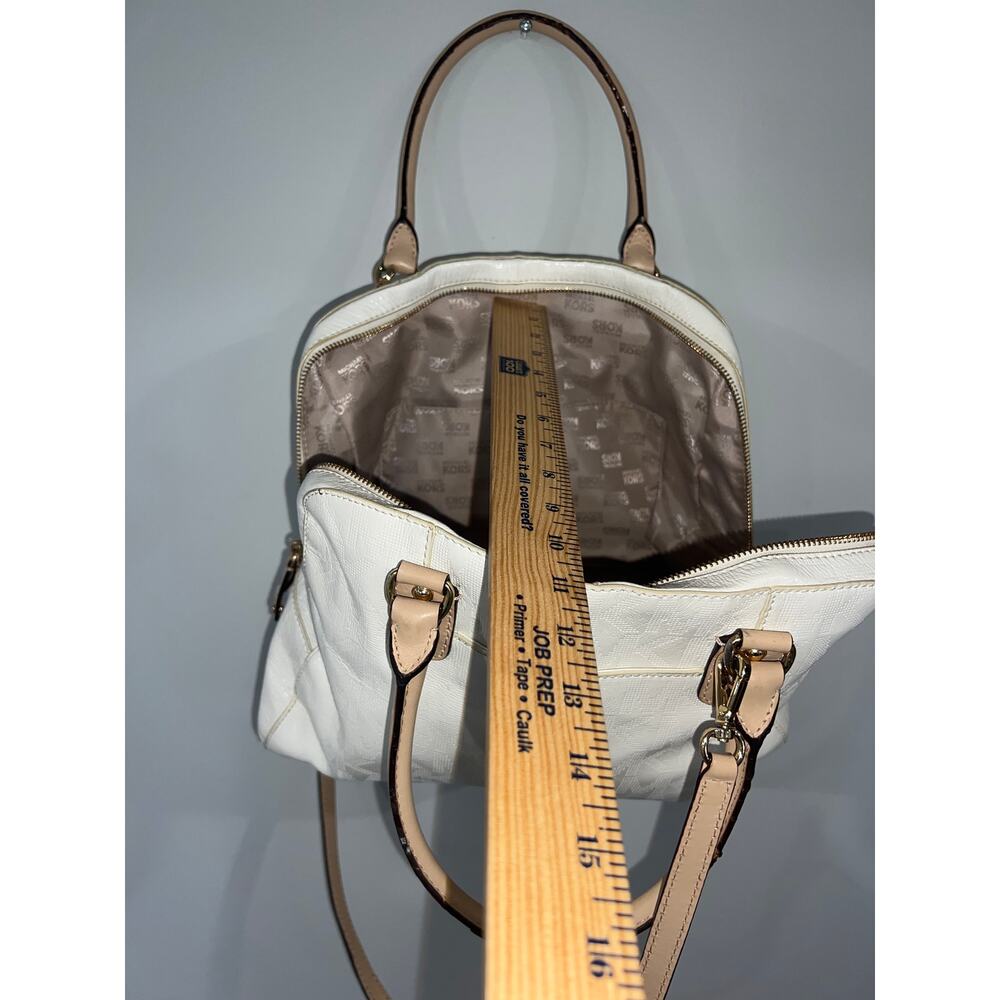 Michael Kors Monogram Cream Satchel Leather Trim Elegant Handbag - Picture 10 of 12